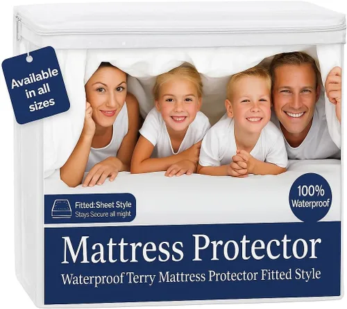 Miniatura 11 de Protector de colchón 100% impermeable tamaño individual, funda de rizo de algodón de alta calidad con bolsillos profundos elásticos, lavable a