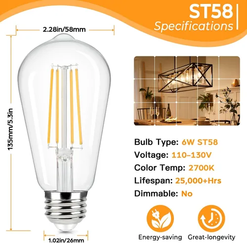 Miniatura 2 de Brightever Bombillas LED Edison vintage equivalentes a 60 W, 6 W ST58 blanco cálido 2700 K, bombillas de filamento LED antiguo con base media E26
