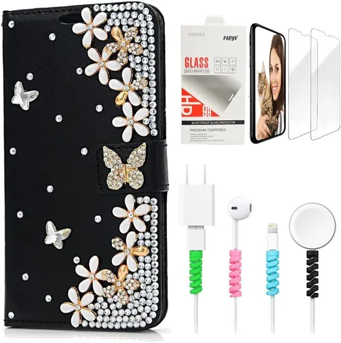 Bling - Funda de piel tipo cartera para Samsung Galaxy S21, diseño de flores y mariposas en 3D, color negro