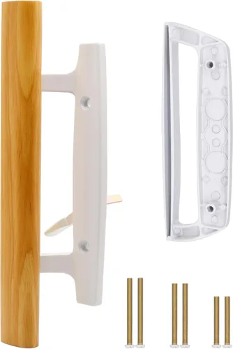 Juego de reemplazo de manija de puerta corredera de patio de vidrio con manijas interiores de madera de roble y tirador exterior de zinc fundido a
