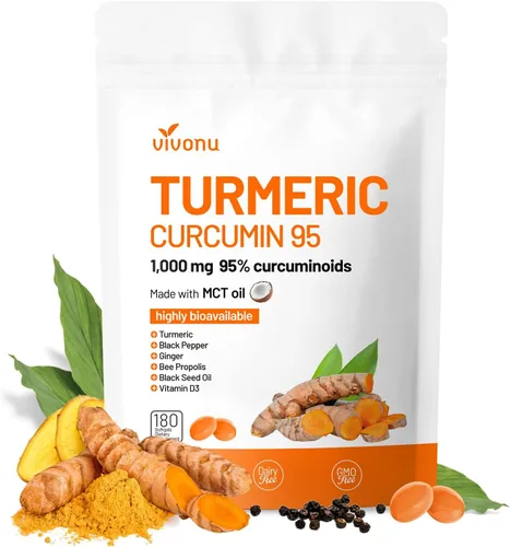 VivoNu Suplemento de curcumina de cúrcuma con cápsulas de pimienta negra, 1000 mg de cúrcuma pura, curcumina 95% curcuminoides, absorción mejorada,