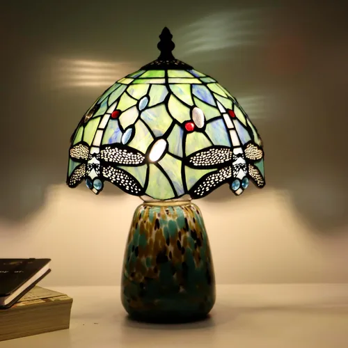 Miniatura 4 de Lámpara de mesa de hongo Tiffany estilo libélula lámpara de acento de vidrio teñido azul marino base de vidrio marrón azul 8X8X12 pulgadas
