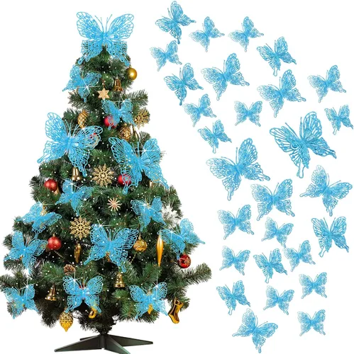 Charniol 36 piezas de 3 tamaños para árbol de Navidad, decoraciones de mariposa hueca con purpurina, adornos colgantes con clips para manualidades,