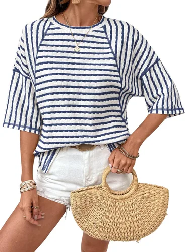 Miniatura 20 de Dokotoo Camisetas de verano para mujer, camisetas de gran tamaño para mujer, a rayas, bloques de color, manga corta, cuello redondo, blusas casuales