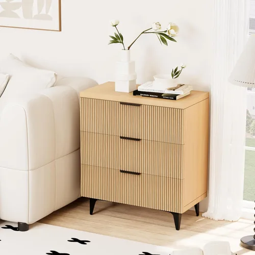 Miniatura 39 de Royal Windsor Mesita de noche acanalada con 3 cajones, mesa auxiliar lateral, armario de almacenamiento de acento, mesita de noche moderna