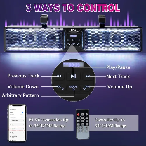 Miniatura 5 de Barra de sonido UTV de 27 pulgadas, barra de sonido de metal Bluetooth ATV de 6 altavoces con RGB y tira de luz, barra de sonido impermeable IP66