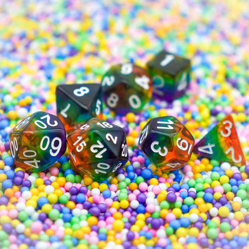 Miniatura 2 de Cusdie Juego de dados poliédricos DND de 7 troqueles arcoíris para juegos de rol (arco iris-transparente)