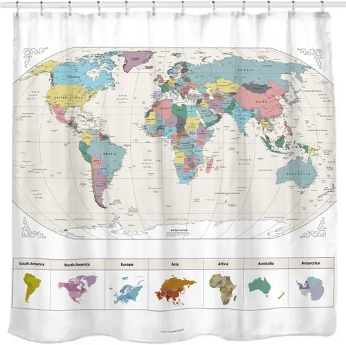 Cortina de ducha con mapa del mundo de Sunlit con detalles de grandes ciudades. Tela repelente al agua libre de PVC, no tóxica y sin olor - Gran