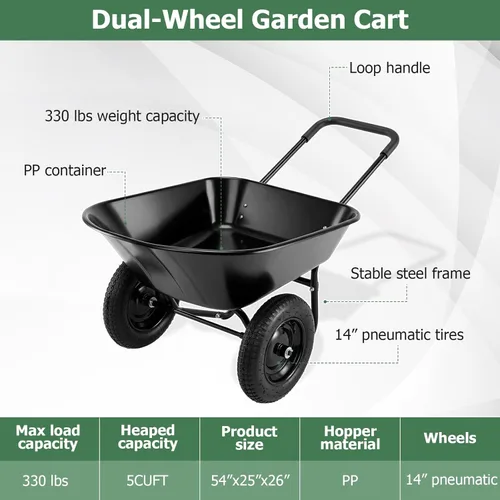 Miniatura 2 de ERGOMASTER Carretilla de doble rueda, carrito de jardín utilitario para el hogar, capacidad de 330 libras, carrito grande y resistente para Negro