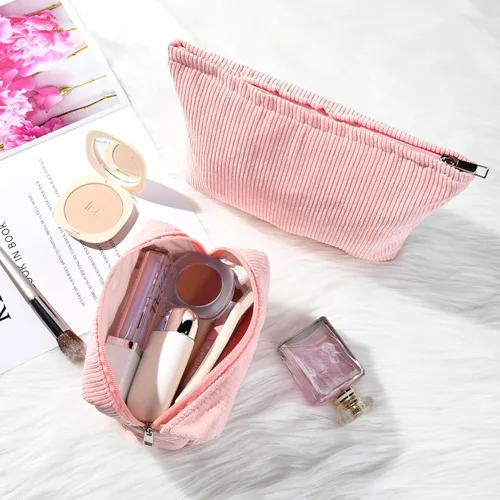 Miniatura 4 de SOIDRAM 2 Piezas Bolsa de Maquillaje Grande de Corduroy, Bolsa de Cosméticos de Lona de Gran Capacidad, Bolsa de Viaje y Artículos de Aseo, rosado