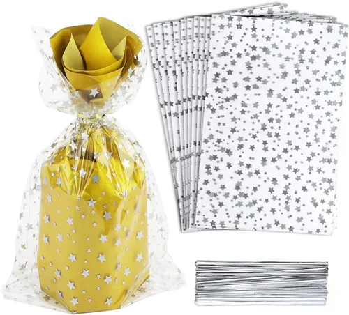 100 bolsas de regalo de celofán con estampado de estrellas, de 6 x 10 pulgadas, bolsas de regalo de celofán, bolsas de regalo de fiesta, bolsas