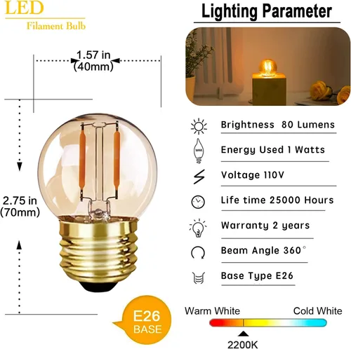 Miniatura 2 de Bombillas LED G40 Edison de filamento mini globo de 1 W equivalente a 10 vatios incandescentes - E26 base de tornillo bombillas LED ultra cálidas