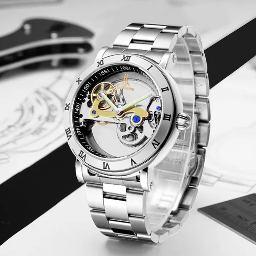Miniatura 7 de Gute Relojes para hombre, mecánico automático automático, impermeable, transparente, transparente, transparente, steampunk, números romanos, caja