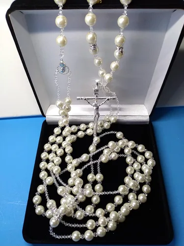 Miniatura 5 de javier lazo de boda para boda/lazo para matrimonio lazo de perla fina color marfil de 0.472 in y cristal fino cruz de metal Lasso color plata Con