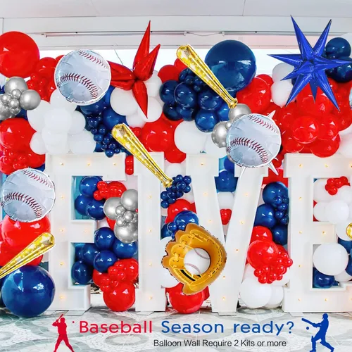 Miniatura 3 de Kit de arco de guirnalda de globos de béisbol de 150 piezas, globos de papel de aluminio rojos, azules, blancos, plateados y con estrella de bate