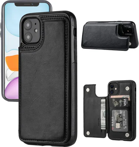 Funda tipo cartera compatible con iPhone 11 con tarjetero y ranuras para tarjetas de piel sintética con protector de pantalla, doble cierre Negro