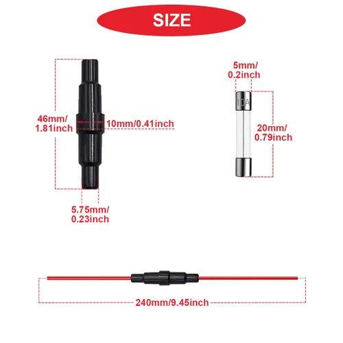 Miniatura 4 de 15 fusibles de 0.197 x 0.787 in tipo tornillo en línea con cable rojo de 16 AWG + 60 fusibles de tubo de vidrio de soplado rápido 250V 1A, 3A, 5A