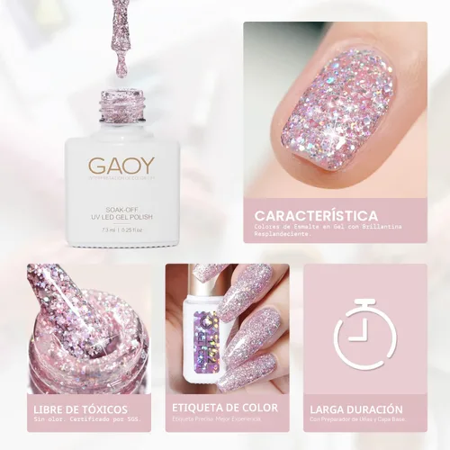 Miniatura 5 de GAOY Juego de Esmalte de Uñas con Purpurina Cromado Platino, 6 Colores Incluyendo Esmalte en Gel Brillante Resplandeciente UV LED Removible Negro
