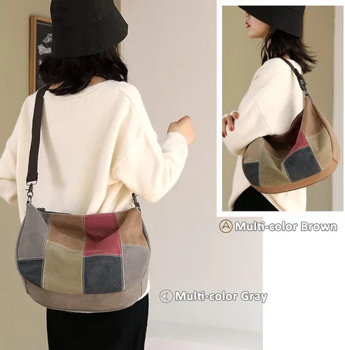 Miniatura 6 de Canvas Crescent Bag Medium Hobo Crossbody Bags for Women Color Block Purse