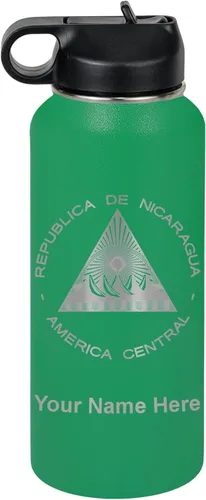 Miniatura 29 de LaserGram Botella de agua personalizada, bandera de Nicaragua, acero inoxidable de doble pared aislada al vacío con popote superior, regalo grabado