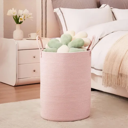 Miniatura 4 de 15Dx20H pulgadas Cesta de lavandería grande rosa para niños, cesta de lavandería de cuerda tejida para guardería, para habitación de niñas, Rosa1