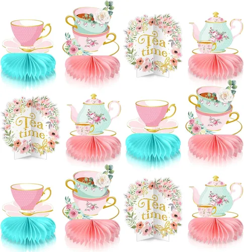 12 piezas de decoración de fiesta de té, tetera floral, centros de mesa de panal de abeja, decoración de mesa de fiesta de té para princesa,
