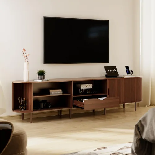 Miniatura 9 de DHH Soporte de TV acanalado de 71 pulgadas con toma de corriente para televisores de hasta 80 pulgadas, consola de TV con estantes ajustables y Negro