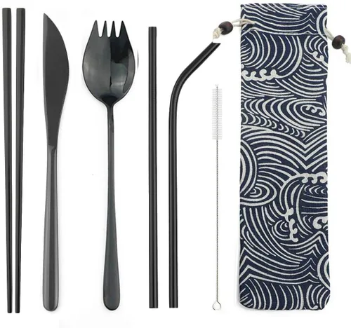Juego de cubiertos reutilizables de acero inoxidable 304 de JASHII, juego de utensilios de viaje, cuchara, tenedor, palillos con paquete de tela