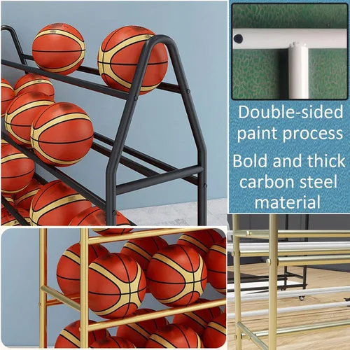 Miniatura 5 de Bastidores de pelotas para garaje, estante de baloncesto con ruedas para deportes al aire libre, aro de baloncesto de 4 niveles, 35 bolas