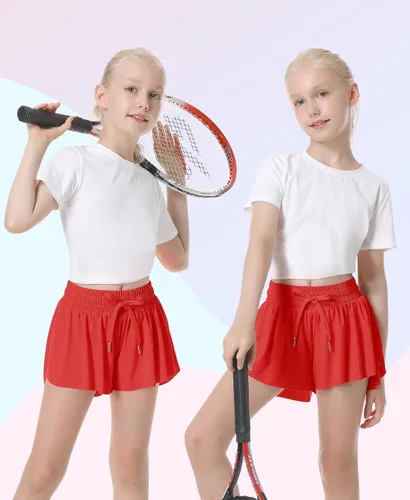 Miniatura 4 de QooNoo Pantalones cortos de mariposa para niñas con bolsillo, pantalones cortos atléticos fluidos de cintura alta para correr para niños