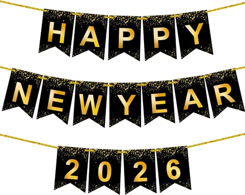KatchOn, Pancarta de Feliz Año Nuevo – Grande 10 pies, pre-ensartado | Cartel de Año Nuevo para decoraciones de Año Nuevo 2026 | Guirnalda de Año