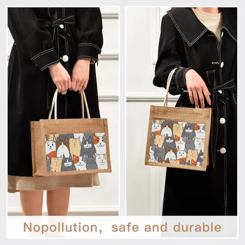 Miniatura 5 de CaTaKu Divertida bolsa de yute con asas y cremallera para gatos, bolsa de arpillera reutilizable con bolsillo frontal de lona, regalo para bodas, 12