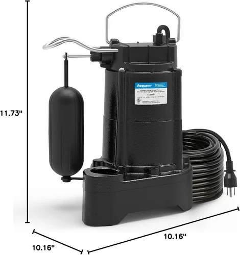 Miniatura 7 de Acquaer Bomba sumergible de aguas residuales/efluentes de 1/3 HP, bomba de sumidero de hierro fundido de 3680 GPH con interruptor de flotador