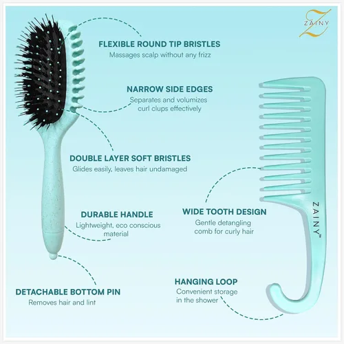 Miniatura 4 de ZAINY Juego de 2 cepillos para definir rizos para cabello rizado, peine de dientes anchos para rizos, cepillo desenredante para el cabello húmedo