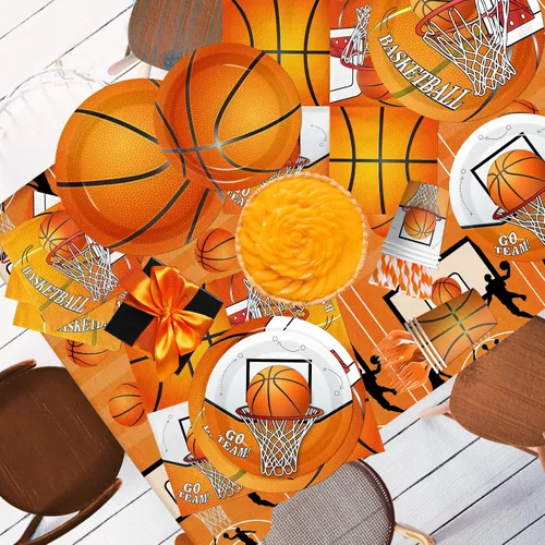 Miniatura 4 de Decoraciones de fiesta de baloncesto, 206 decoraciones de cumpleaños de baloncesto incluyen platos y servilletas, vasos, mantel, pancarta, remolinos