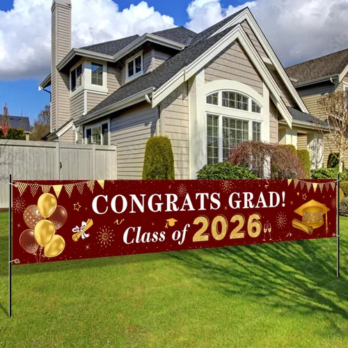 Decoraciones de graduación 2026 Congrats Grad Class of 2026 - Cartel de graduación granate y dorado para patio, decoraciones colgantes para