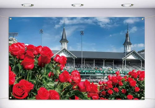 Vohado Telón de fondo para cabina de fotos de Kentucky Churchill Downs 2025 con temática de carreras de caballos, decoración de pared con rosas,