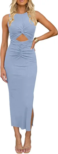 Miniatura 10 de oten Vestido largo sexy para mujer, fruncido, sin mangas, con nudo y abertura, acanalado, para fiesta, club, salida nocturna