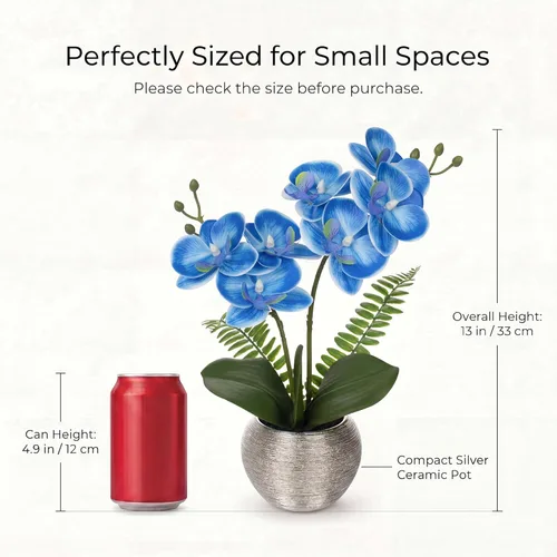 Miniatura 2 de Briful Pequeñas flores artificiales de orquídeas artificiales de 13 pulgadas en maceta de cerámica plateada, arreglo de orquídeas artificiales