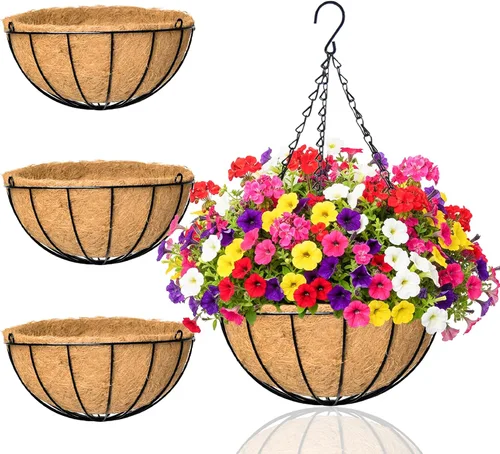 Macetas colgantes para plantas de exterior, paquete de 4 cestas colgantes de metal de 12 pulgadas con forro de fibra de coco y alambre para plantas,