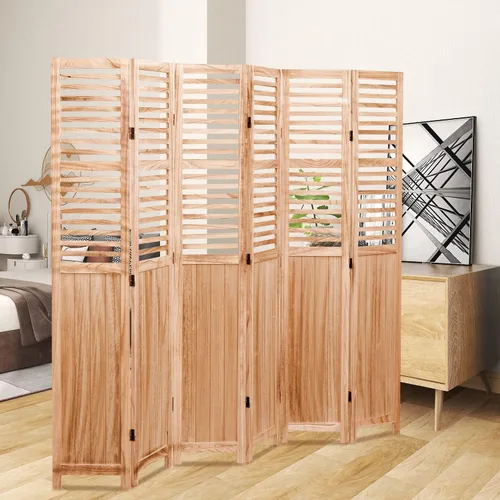 Miniatura 4 de Divisor de habitación plegable de 4 paneles, panel de privacidad de madera de Paulownia independiente de 5.6 pies con estantes de almacenamiento