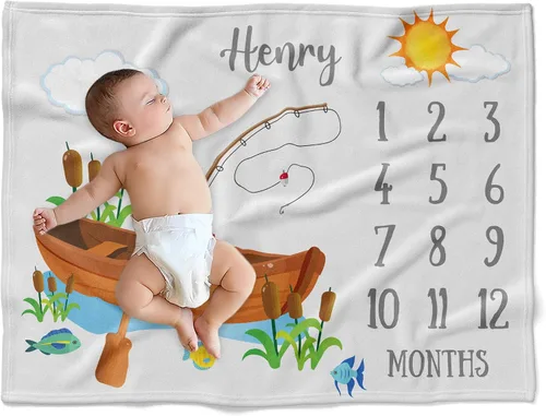 Manta de bebé personalizada de pesca con mosca, manta de pescado para bebé, manta de hitos mensuales para bebé, manta de hito para bebé, manta de