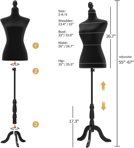 Miniatura 2 de Bonnlo Maniquí de costura, apto para clavar alfileres, para vestido de mujer, con base de trípode de madera. Negro