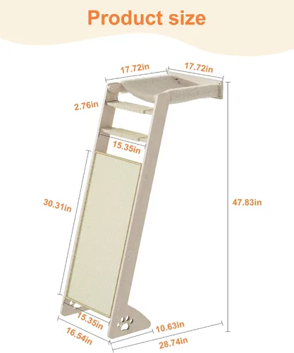 Miniatura 7 de Percha para ventana de gato con almohadilla para rascar, árbol trepador de 51 pulgadas, incluye hamaca escalera para gatos con 2 ventosas
