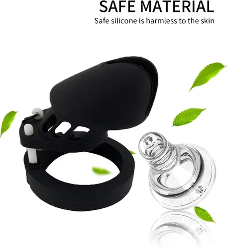 Miniatura 2 de Dispositivo de castidad masculino de silicona suave con 5 anillos, dispositivo de jaula de castidad masculina de color negro con cerradura y llave