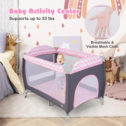 Miniatura 2 de BABY JOY 4 en 1 Pack and Play, corralito de juego portátil para bebés con moisés, puerta con cremallera lateral, mesa de cambio, centro