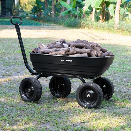 Miniatura 8 de BILT HARD Carro de volquete de jardín de polietileno de 7 pies cúbicos, 1200 libras sin neumáticos planos, liberación rápida, mango convertible 2
