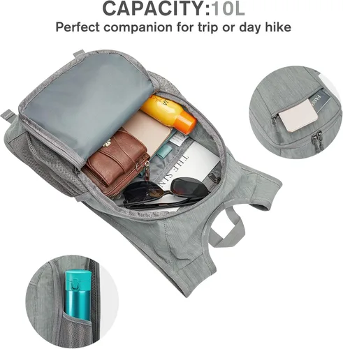 Miniatura 3 de G4Free 10L/15L Mochila para Senderismo Plegable Ligera, Mochila de Día para Caminatas, Pequeña, Viaje al Aire Libre, Bolsa de Hombro Plegable Gris