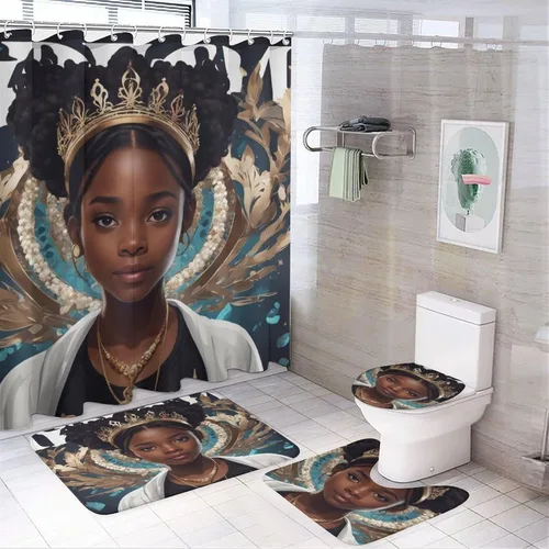 Miniatura 3 de Juego de alfombras de baño de 3 piezas, antideslizantes y suaves, para mujeres afroamericanas, tapete de baño con corona de reina afroamericana