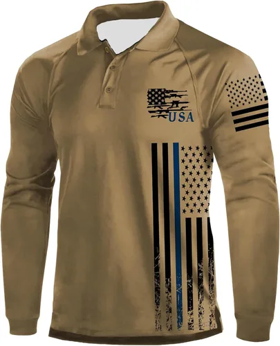 Miniatura 16 de Camisa polo de manga larga con bandera estadounidense para hombre, cuello gráfico patriótico, camiseta de golf, moderna, casual, cuello en V, tops